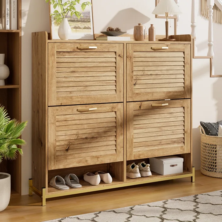 Merax 108cm Schuhschrank mit Türen aus Holzleisten – Flurschrank mit 4 Türen, Metallrahmen und Ablage – Platzsparender Schuh-Organizer, Holzfarbe