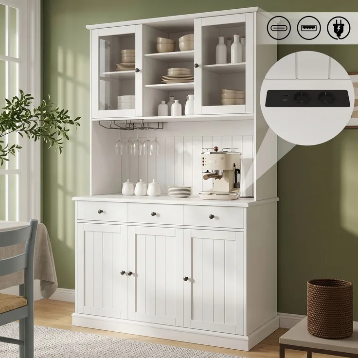 EINHOM Buffetschränke, Esszimmer-Hochschrank 120 x 40 x 191 cm, mit Glastüren, Gläserhalter, Mehrstufigem Stauraum, Integrierter Steckdose sowie USB-C- und USB-A-Anschlüssen, Weiße und schwarze Griffe