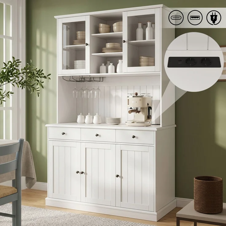 EINHOM Buffetschränke, Esszimmer-Hochschrank 120 x 40 x 191 cm, mit Glastüren, Gläserhalter, Mehrstufigem Stauraum, Integrierter Steckdose sowie USB-C- und USB-A-Anschlüssen, Weiße und schwarze Griffe – Bild 1