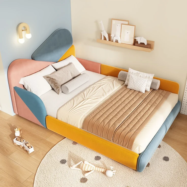 TavilaEcon Polsterbett Weiches Bodenbett mit gepolstertem Kopfteil & Fallschutz Blau+Pink+Orange Liegefläche 140 × 200 cm – Bild 5