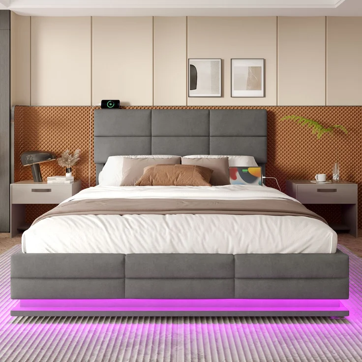 TavilaEcon Boxspringbett Modernes Polsterbett mit höhenverstellbarem Kopfteil & LED-Beleuchtung grau Liegefläche 160 × 200 cm – Bild 3