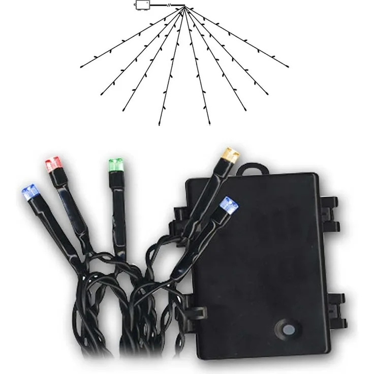 Outdoor-Lichterkette ,Akku' mit Batterie + Timer, 8 Stränge, 64 Mini LEDs in bunt, wetterfest, 270x140cm