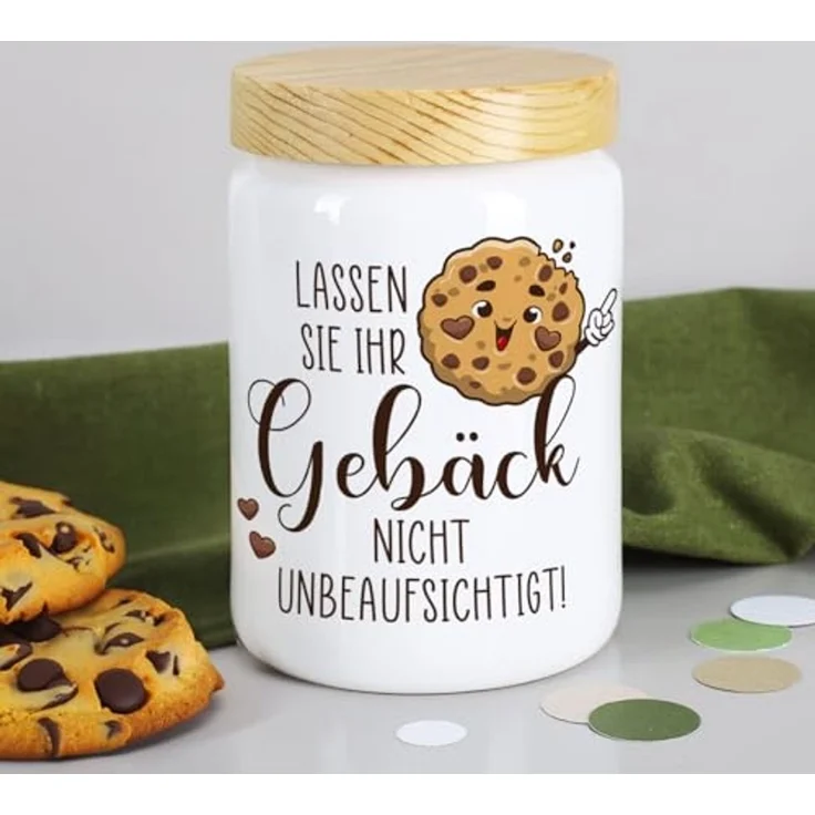 Herz & Heim Keksdose mit lustigem Aufdruck - Vorratsdose für Kekse & Gebäck, Keramik, mit Holzdeckel – Bild 2