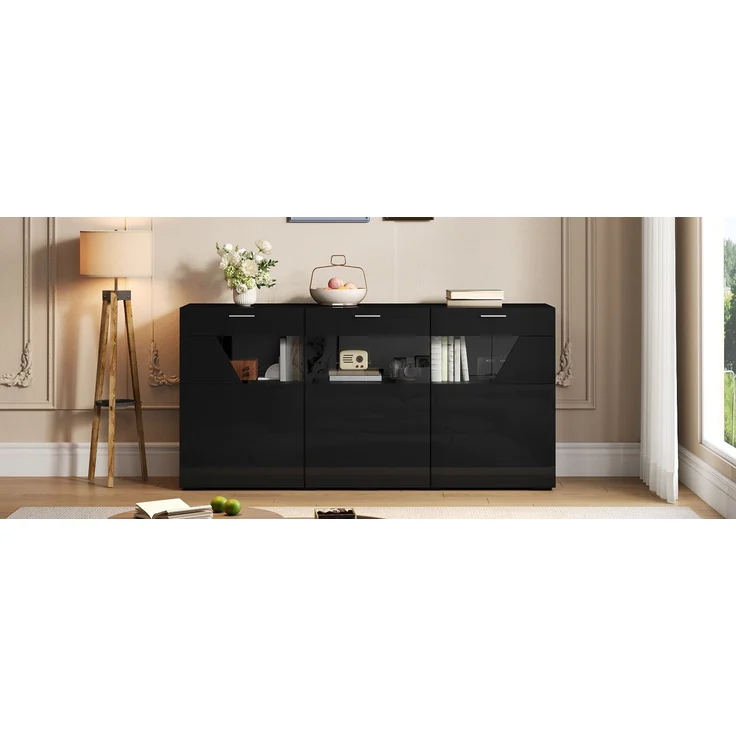 ZUBALIYA Sideboard 160x38x78 cm, mit LED-Beleuchtung, Hochglanz, mit 3 Türen, aus Spanplatte, Schwarz – Bild 12