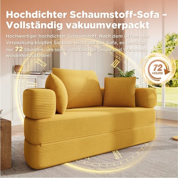 Merax Schlafsofa mit Schlaffunktion, Multifunktionales Sofa mit Hocker, Boneless Couch, Klappsofabett für Wohn/Arbeits/Schlafzimmer 1 Teile, 2-in-1 Sofa-Bett mit Cordstoffbezug inkl. 3 Kissen, 173x176cm – Bild 4
