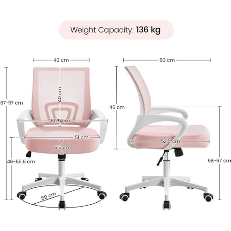 Yaheetech Bürostuhl Ergonomisch, Schreibtischstuhl mit Netzbespannung und Armlehnen, Drehstuhl aus Mesh, Chefsessel Wippfunktion, Höhenverstellbar Rückenschonend bis 136kg Belastbar, Rosa – Bild 4