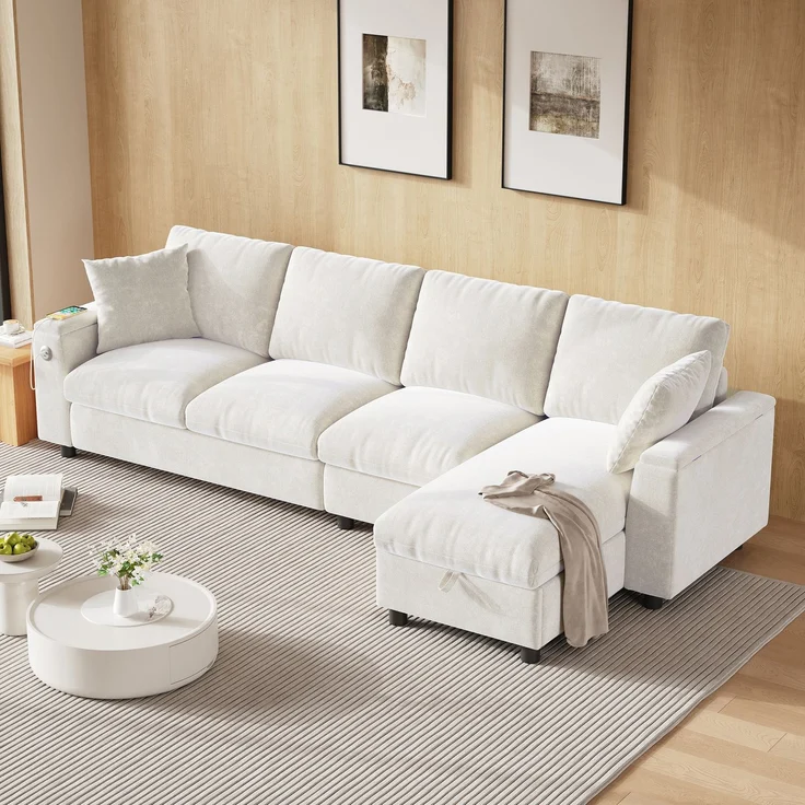 EINHOM Chenille-Stoffsofa, L-förmige Ecke und zwei Armlehnen mit Stauraum. Ausklappbarer Couchtisch mit zwei Getränkehaltern, 1 USB und 1 Typ-C. L-förmiger Teil kann links oder rechts platziert werden. Beige – Bild 6