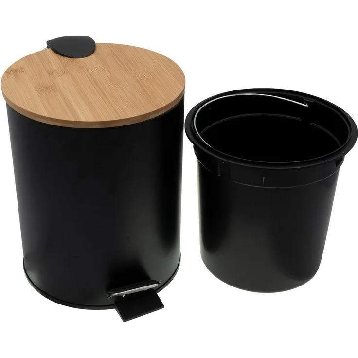 hrb Kosmetikeimer Mülleimer 3 Liter, Kunststoffeinsatz Bad WC Treteimer mit Bambusdeckel, Fußtaster, Klappdeckel, Inneneimer