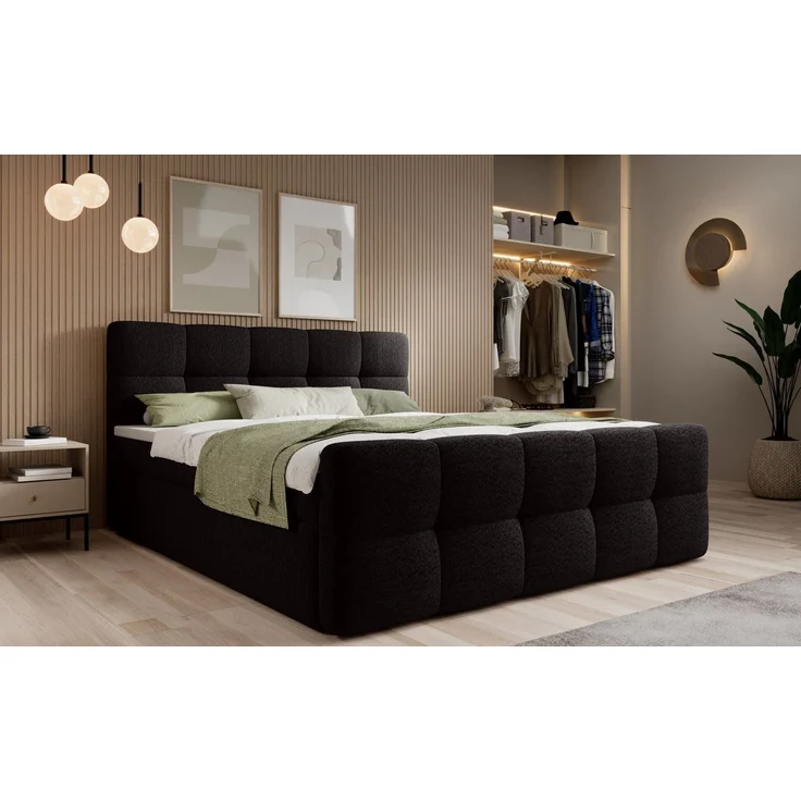 thematys Boxbett mit Bettkasten 200x200cm, mit Bonnellfederkernmatratze H3, Bouclé/Velours, mit Stauraum, mit 3 cm Topper, Schwarz (Arena 19), Art.-Nr. S04GH0RGAOW – Bild 1