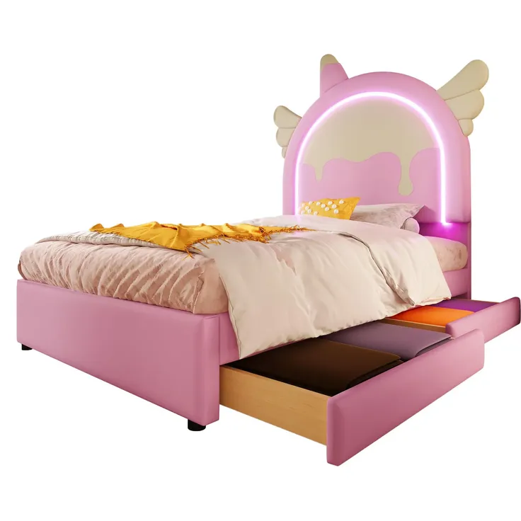 Prinzessinbett mit LED-Beleuchtung, Kopfteil und Schubladen, 90x200cm, Mädchenbett, Polsterbett für Mädchen, Einzelbett, Kunstleder