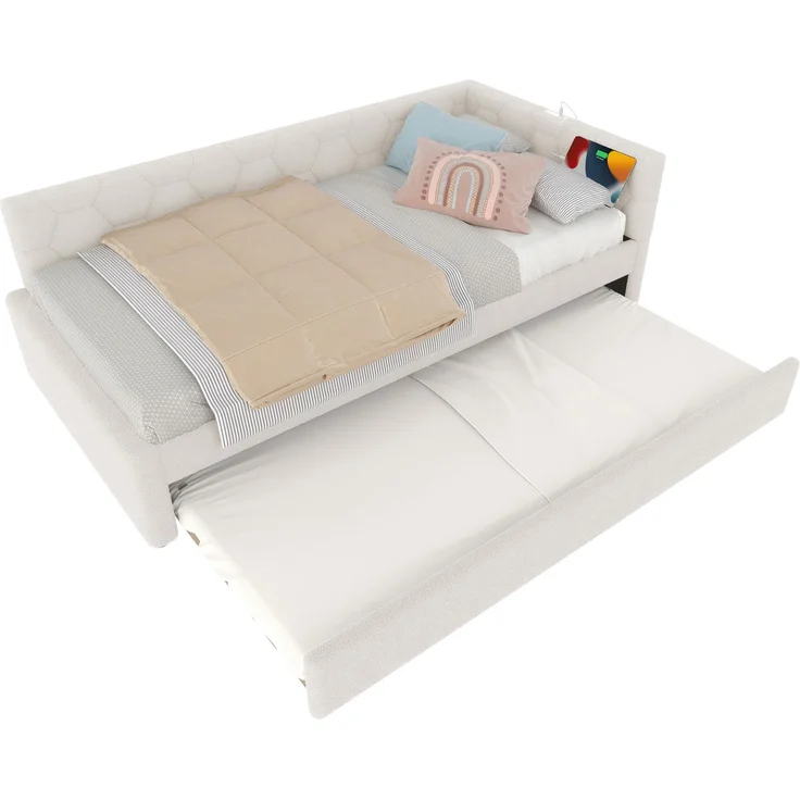 Daybett, 90*200cm Tagesbett, Schlafsofa, Bett mit Lattenrost (ohne Matratze), mit Nachttischlampe, mit multifunktionalem Ausziehbett, USB-Anschluss, Typ-C, Komfortmaterial, Boucle, Weiß – Bild 8