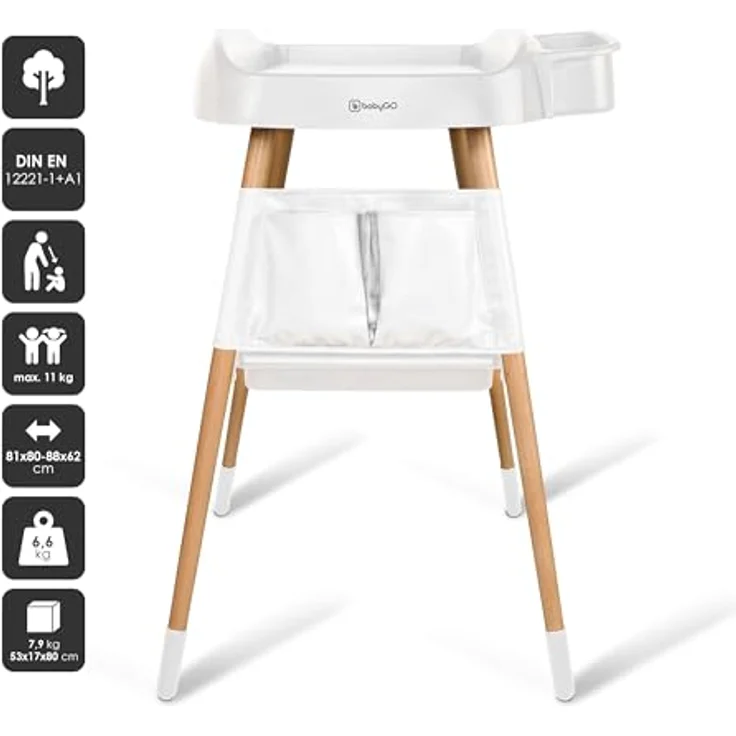 BabyGo Wickeltisch ChangeMe, Wickelkommode aus Buchenholz mit seitlicher Ablage und mobilen Rädern, weiss – Bild 2