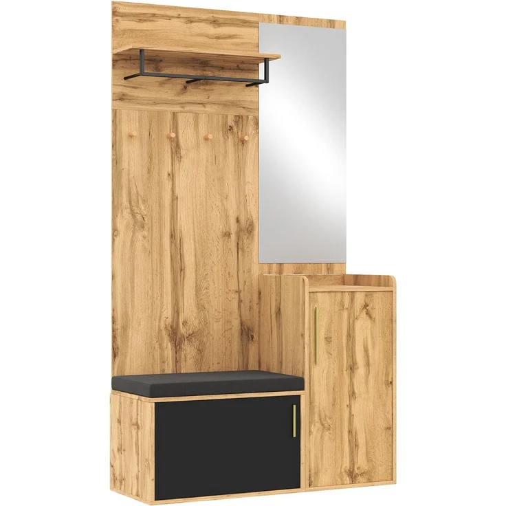 DESVIAE Garderobenschrank mit Spiegel, Sitzbank und Schuhschrank 100x185x38 cm Spanplatte Natur/Schwarz – Bild 8