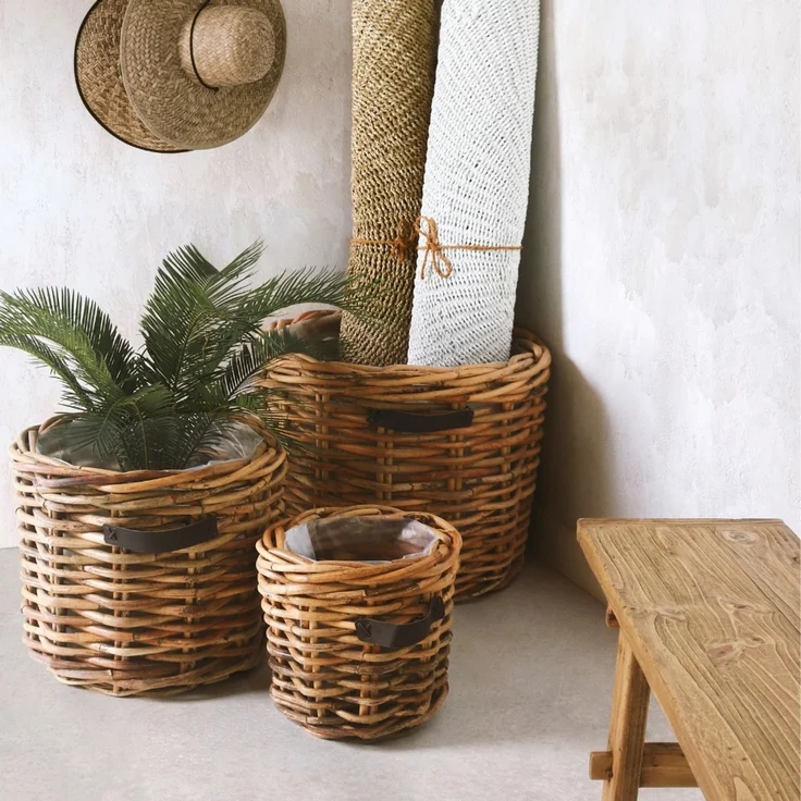 Dickes CL Rattan Pflanzkorb CESTINO natural ca.D35cm Ledergriffe Korb Handarbeit – Bild 4