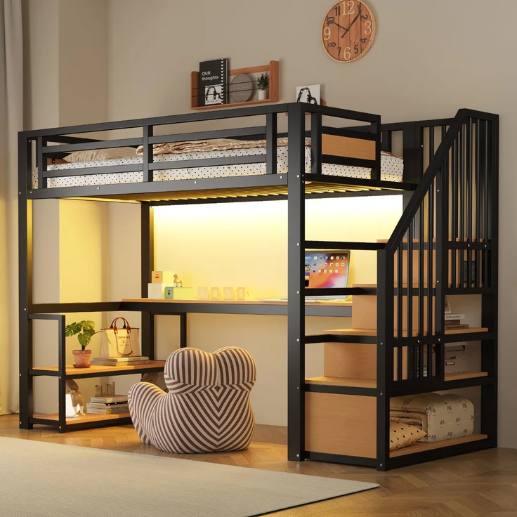 EINHOM 90 x 200 Cmmetall-Hochbett, mit LED-Lichtleiste und Ladeanschluss, mit Aufbewahrungsleiter, Regalen und Tisch, Sicherheitszaun-Design, Hohes Eisenrahmenbett mit Metallrahmen für Stabile Unterstützung, Schwarz (Ohne Matratze) – Bild 3