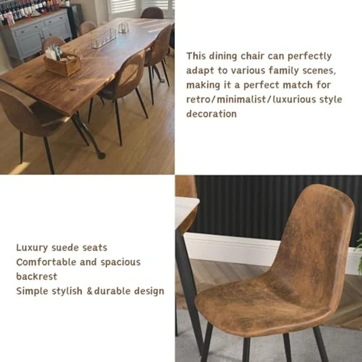 FurnitureR FR Charlton BRAUN A Beistellstühle für Wohnzimmer 4er Set Mid-Century Wildleder Gepolsterte Küche Esszimmerstühle mit schwarzen Metallbeinen, Metall, 40x38x86CM – Bild 7