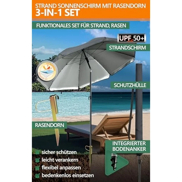 4smile SunnyJoy 3-IN-1 Set mit Sonnenschirm Strand in Anthrazit - Strandschirm windfest stabil 200 cm mit Hülle + Rasendorn Sonnenschirmhalter - Sonnenschirm mit Rasendorn für Garten, Schirmspieß – Bild 2