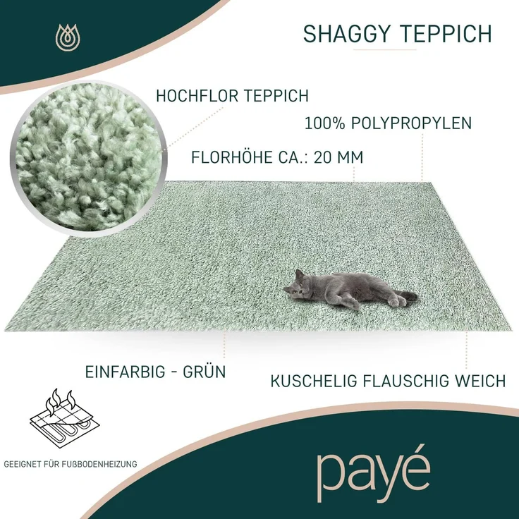 Teppich Wohnzimmer Hochflor Shaggy - 200x290cm - Pastell Grün Einfarbig Uni Flauschig Modern Boho Deko Teppiche Weich Schlafzimmer – Bild 3