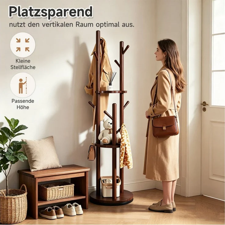 OSTWOLKE Garderobenständer Drehbarer Kleiderständer aus Massivholz mit 3 Ablage und 8 Haken, stabil & einfach zu montieren, für Flur, Schlafzimmer, 165×40×40 cm – Bild 3