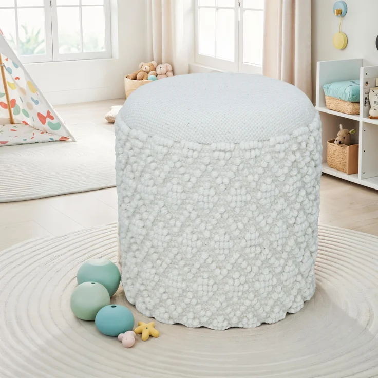 Hocker Boho Wolle mit Stauraum Ø40xH45cm Weiß abnehmbare Sitzfläche – Bild 2