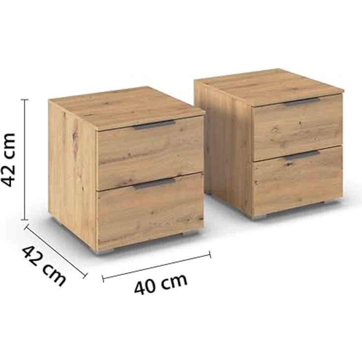 Rauch Möbel Alabama, Nachttisch-Paar für Schlafzimmer, Kinderzimmer, Gästezimmer, mit je 2 Schubladen, Soft-Close-Funktion, Farbe Eiche Artisan, Holz, Griff Grau metallic, Schwarz, Maße 40 x 42 x 42 cm – Bild 3