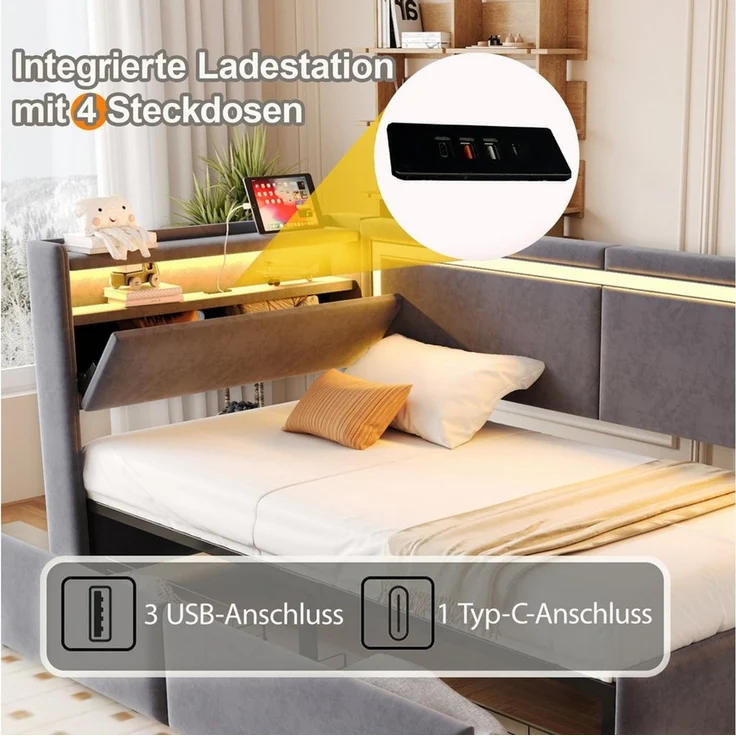 STILVORA Schlafsofa 90x200 mit Matratze und Stauraum Schlafsofa Daybett mit LED und USB, mit LED-Beleuchtung, Kinderbett inklusive Aufbewahrungsschublade, Samtstoff Polsterbett, Daybett 90x200 cm, ohne Matratze – Bild 3