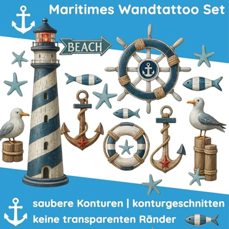 Sunnywall Wandtattoo Aufkleber Maritim Set – Leuchtturm, Möwen, Anker & Seesterne, selbstklebend, konturgeschnitten, rückstandslos entfernbar – Bild 5