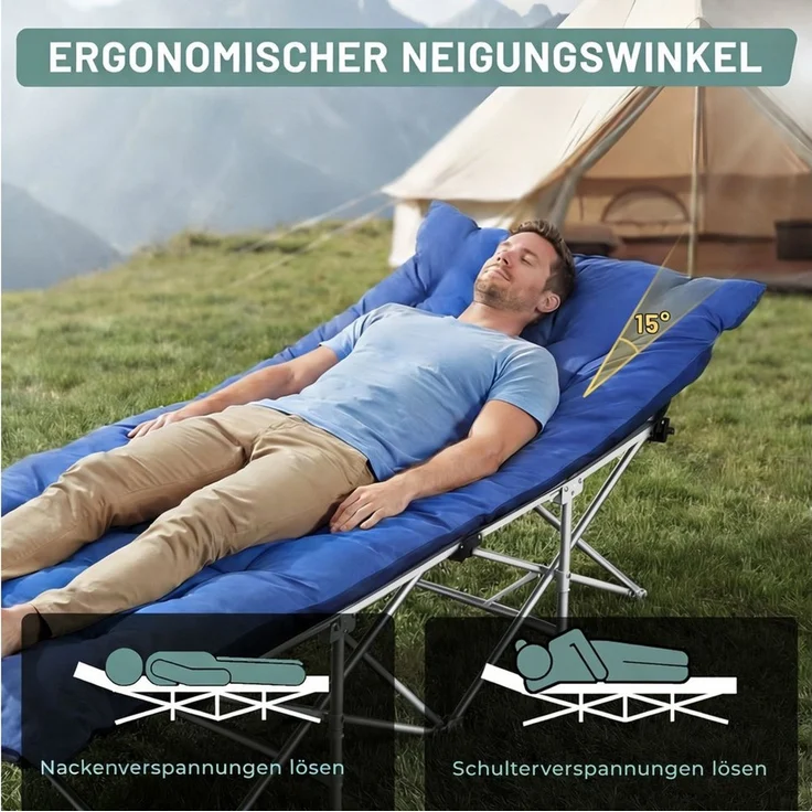 kehot Klappbett Campingbett Feldbett Klappbar 188x64x49 cm, mit 4 cm Polsterauflage (Faltbare Relaxliege aus Oxford-Gewebe,stabilem Stahlgeerüst,Tragetasche, Verstellbare Rückenlehne, Einfach zu Montieren, bis 250 kg belastbar) geeignet für Outdoor, Ga... – Bild 3