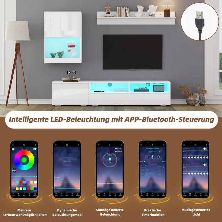Wohnzimmermöbel 3 Set mit LED-Beleuchtung, TV Lowboard mit 2 offenen Fächern & 2 Türen,Wandschrank & Wandregal – Bild 7