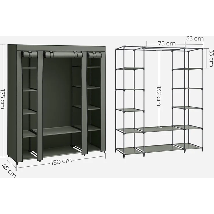 Songmics Kleiderschrank, Stoffschrank, mit Überzug aus Vliesstoff, Faltschrank mit Kleiderstange, 45 x 150 x 175 cm, 12 Ablagen, Metallrahmen, Schrank fürs Schlafzimmer, salbeigrün LSF003C02 – Bild 6