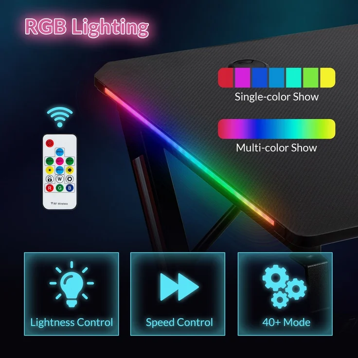 Todeco 160 x 60cm Gaming Tisch mit LED, Gaming Schreibtisch, PC Tisch Gaming mit Kohlefaseroberfläche, mit Kopfhörerhaken Getränkehalter, Ergonomischer PC Gaming Tisch – Bild 4