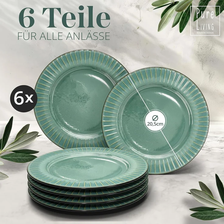 Steingut Frühstücksteller 6 Pers. Tokyo Hochwertiges Asia-Style TEST SEHR GUT Dessertteller Set - Kuchenteller, Kleine Teller, Salatteller - 6 Personen Geschirr Pure Living in Grün – Bild 3