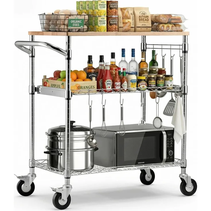 VEVOR Küchenwagen mit 3 Ebenen, Schwerlast-Servierwagen bis 300 kg, Rollwagen mit Höhenverstellbaren Drahtablagen, Griff & Arbeitsplatte, Metallregal auf Rollen für Küche, Garage, 762 x 457 x 914 mm