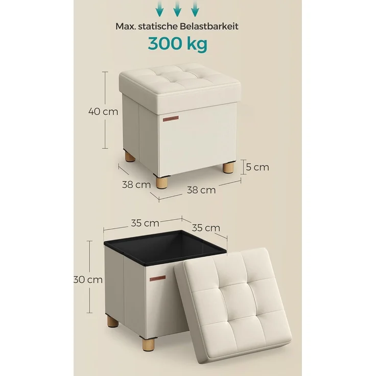 Songmics Sitzhocker mit Stauraum, kleine klappbare Sitzbank, 38x38 cm Fußbank, Aufbewahrungsbox, bis 300 kg belastbar, für Wohnzimmer Schlafzimmer Schlafsaal, Cremeweiß – Bild 3