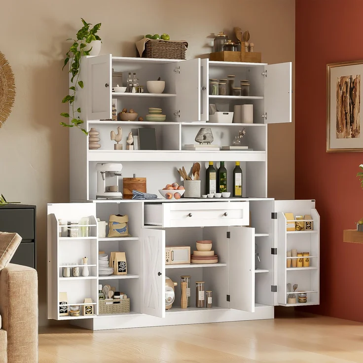ZUBALIYA Buffetschrank 140x40x185 cm, mit verstellbaren Einlegeböden, aus MDF, Weiß – Bild 2