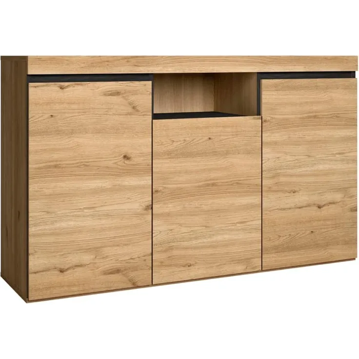Skraut Home – Sideboard – Naturemodell – 140 x 40 x 81 cm – Eingangsseitenschrank mit 3 Türen – nordischer Stil – Melamin – Eiche und Schwarz
