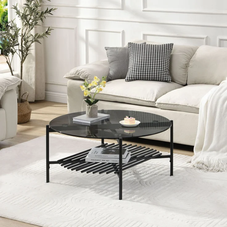 FINEBUY Couchtisch FB111842 Wohnzimmertisch Glas Metall 80 cm Schwarz Rund Sofatisch (Sofatisch Glas Rund 80 cm Schwarz Industrial), Wohnzimmertisch mit Ablage, Metallgestell Modern – Bild 2