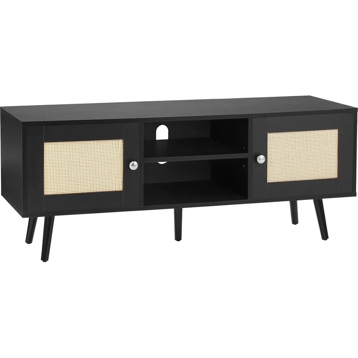 VEVOR Rattan-TV-Ständer, Fernsehschrank Boho-TV-Schrank für 140 cm Fernseher, Retro-TV-Ständer, Rattan-TV-Konsole mit verstellbaren Regalen & 2 Türen, für Wohnzimmer, Medienraum, Schwarz – Bild 1