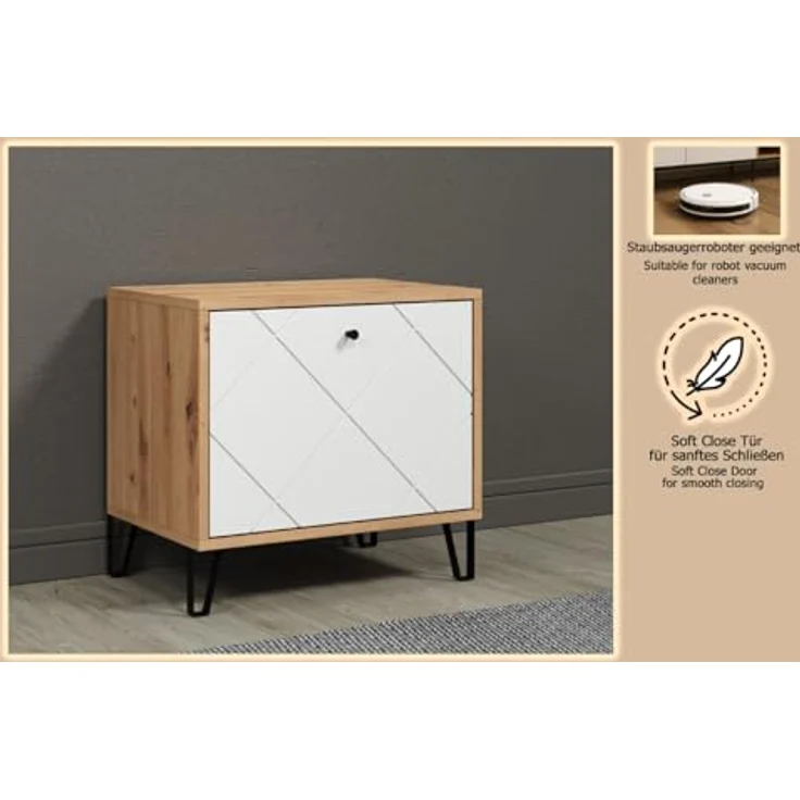 trendteam smart living - Touch - Sitzbank - Eiche/Weiß - Garderobenbank mit Platz für 4 Schuhpaare - Moderne Metallfüße - (BxHxT) 63 x 56 x 40 cm - Klappe mit Soft-Close Funktion - Rautenoptik – Bild 8