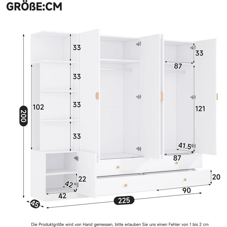 Kleiderschrank 225 x 45 x 200 cm in Weiß mit 3 Kleiderstangen und 4 Schubladen – Bild 5