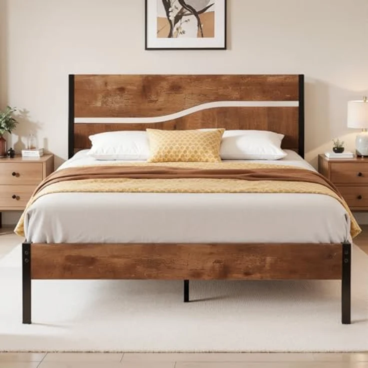 VECELO Bettgestell 140x200 cm Bettrahmen mit Lattenrost, Doppelbett Metallbett mit Dick Holzkopfteil, Modern Gästebett Jugendbett, Perfekt für Erwachsene und Jugendliche, Braun – Bild 2