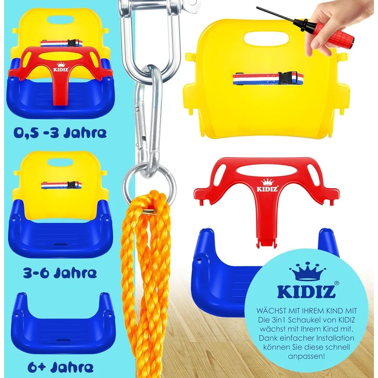 KIDIZ® Babyschaukel mit Gestell 3in1 Kinderschaukel mitwachsend für Babys ab 6 Monate & Kinder bis 10 Jahre für drinnen & draußen, bis 100kg belastbar, Schaukelgestell inkl. 4 Sandsäcke 5kg auffüllbar Bunt – Bild 5