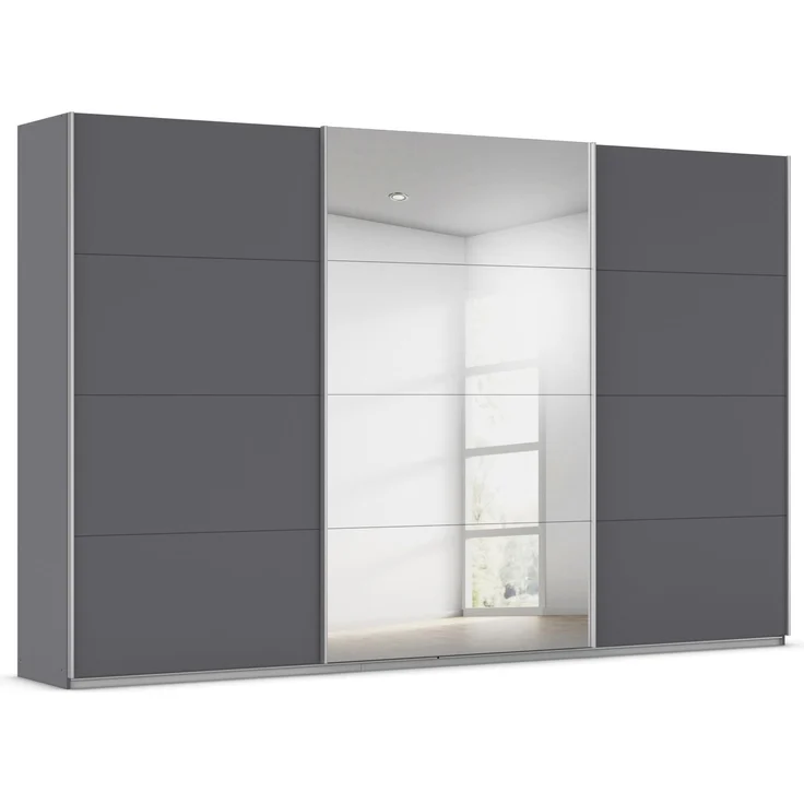 Rauch Möbel Kulmbach, Kleiderschrank mit Schwebetüren für Schlafzimmer, Kinderzimmer, Flur, 3-türig, mit Spiegel und Soft-Close-Funktion, Zubehör Premium, Farbe Grau metallic, Schwarz, Breite 360 cm