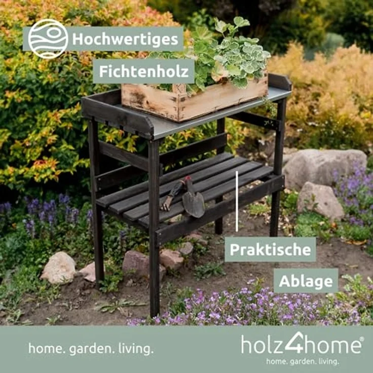 holz4home® Pflanztisch Gartentisch aus Holz für Gartenarbeiten & Pflanzen, Dunkler Look, Verzinkte Arbeitsplatte – Bild 6