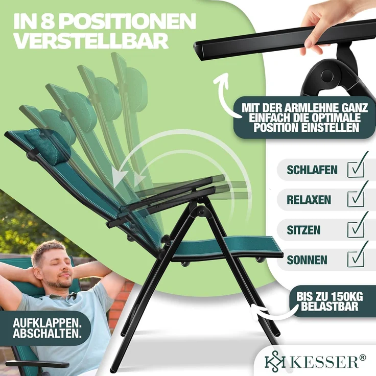 KESSER® Gartenstuhl Hochlehner mit Armlehnen | Aluminium Klappstuhl inkl. Kopfkissen Campingstuhl 7-Fach Verstellbar Rückenlehne | Atmungsaktiv & Wetterfest | Klappbar & Anti-Rutsch 6 Stück, Petrol Grün – Bild 2