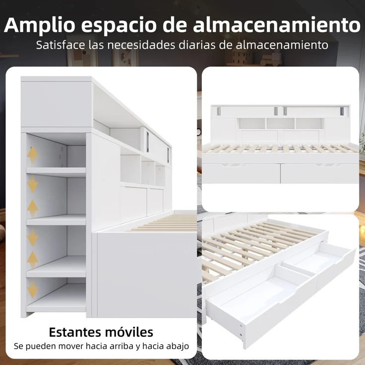 CHICFURN Bett aus MDF Weiß 140x190 cm mit 2 Schubladen und Stauraum – Bild 6