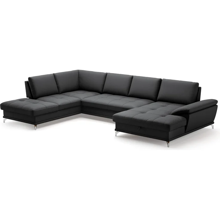 Cavadore Wohnlandschaft Castiel mit Federkern / Sofalandschaft mit großem Longchair, Sitztiefenverstellung und satinierten Metallfüßen / 363 x 89 x 223 / Echtleder, Schwarz – Bild 1