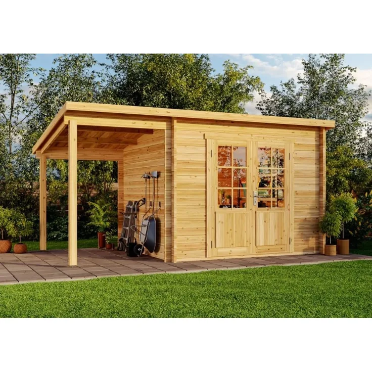 Alpholz Pultdach Gartenhaus Maria mit Schleppdach Gartenhaus aus Holz in Pinie Holzhaus mit 28 mm Wandstärke inklusive Schleppdach Blockbohlenhaus mit Montagematerial
