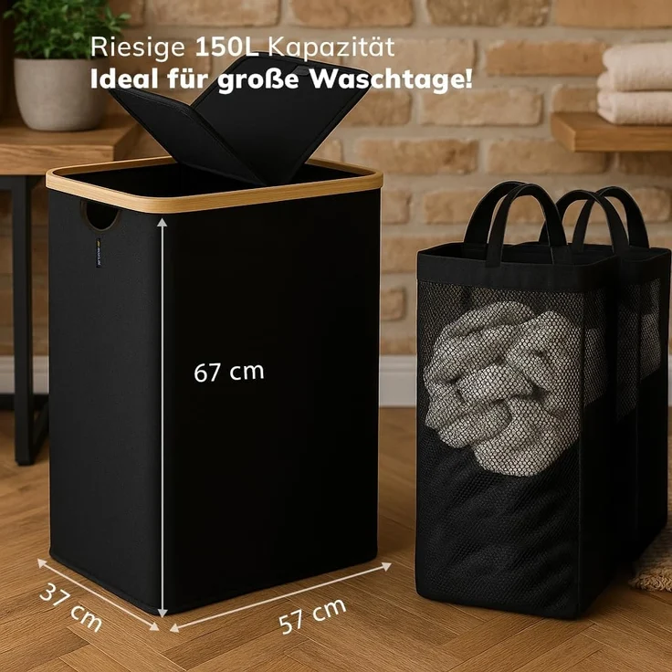 Roxlin Wäschekorb Wäschekorb 150L mit Deckel & 2 Taschen, faltbar & wasserdicht – Bild 6