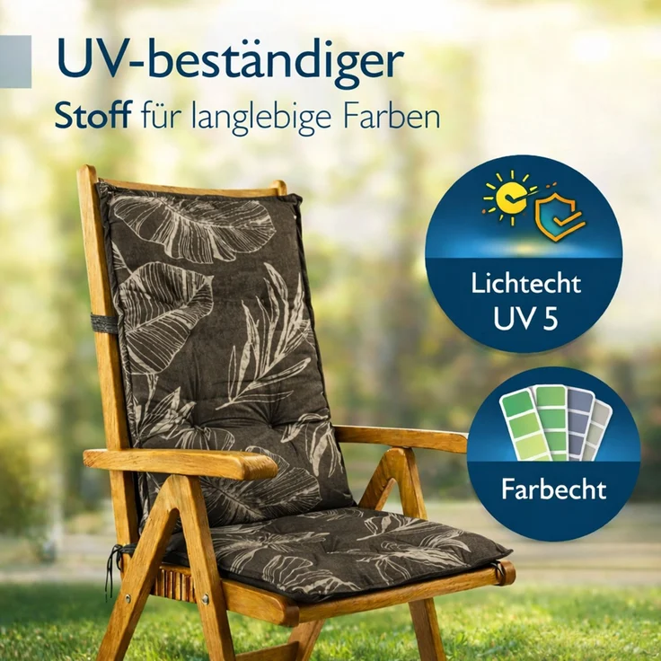 BURI 2x Hochlehner Auflage 117x49x6 cm - wetterfeste Gartenstuhlauflage mit Schaumkern & Vollvlies, Halteband & Bindebänder, bequemes Stuhlpolster für Balkon, Terrasse & Garten (Grau Blätter) – Bild 5